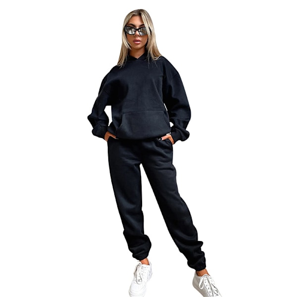 2024 Höst/Vinter Ny Europeisk och Amerikansk Enfärgad Långärmad Hoodie med Sammet, Dammode Casual Byxor Set black XXL