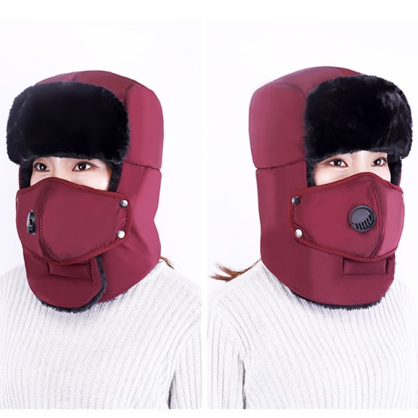 Män Trapper Aviator Hat Winter Warm med mask Öronlapp Cap Dark Red