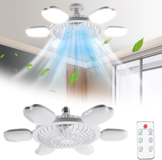 Loftventilator med belysning - LED Ventilatorlampe E27 - Ventilator med fjernbetjening - Sammenfoldeligt design - 6 hastigheder - Dæmpbart lys - 60W