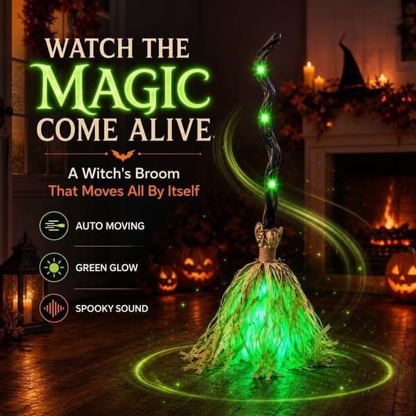 Animerad rörlig häxkvast, ljus-ljud-rörelse Halloween dansande kvast