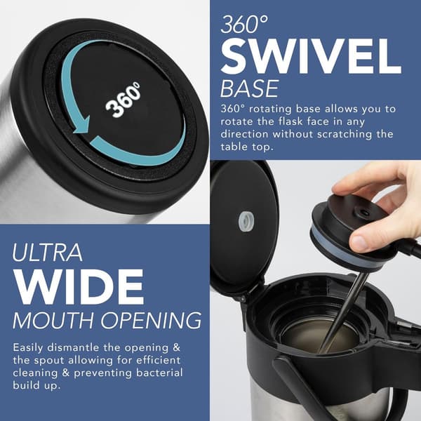 3L Rustfrit Stål Airpot, Termodispenser med Pumpefunktion til Kaffe, Te & Varmt Vand, Stor Vakuumtermokande til Kontor, Hotel & Møder (Sølv)