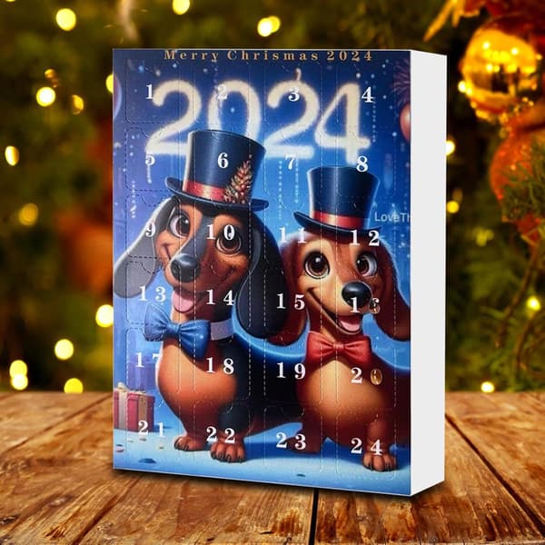 Hunde-adventskalender 2024 - 24 dager med dachs-tema julepynt til kjæledyr