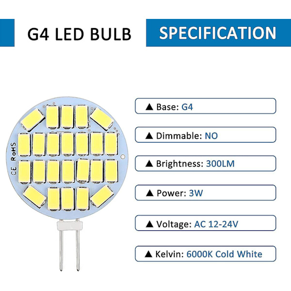 6st G4 Led 3w,ac12-24v,300lm Cool White 6000k,24x5730 Smd,30w Halogen Bulb Equivalent,icke dimbar,g4 Led Round Infälld
