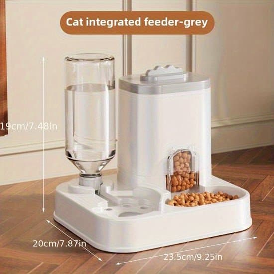Automatisk foder- og vanddispenser til katte og hunde – 2-i-1 foderautomat med vandflaske – 1–10L kapacitet – Farve: Grå
