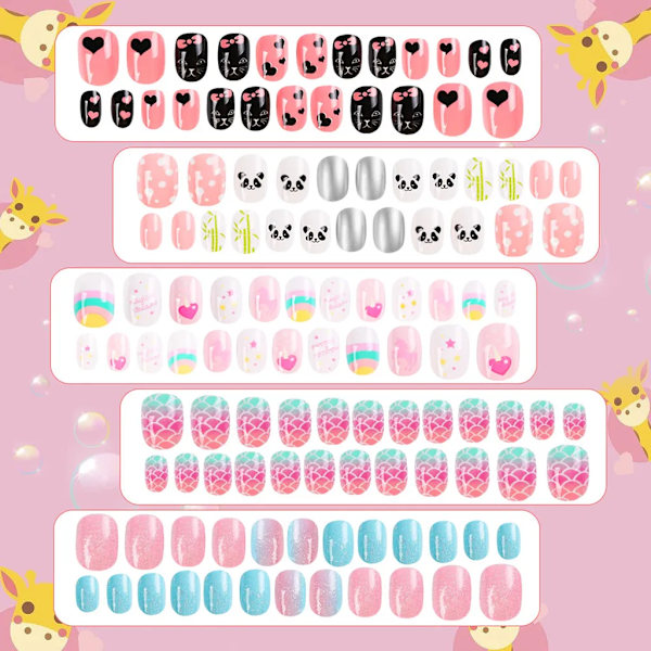 120 st/set Barn söta falska naglar Komplett DIY Nail Art