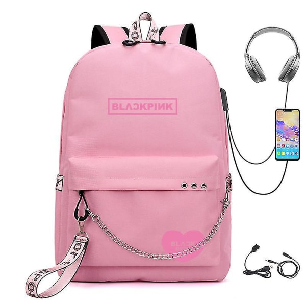 Black.pink Ryggsäck USB Uppladdningsbar ryggsäck Student skolväska Pink