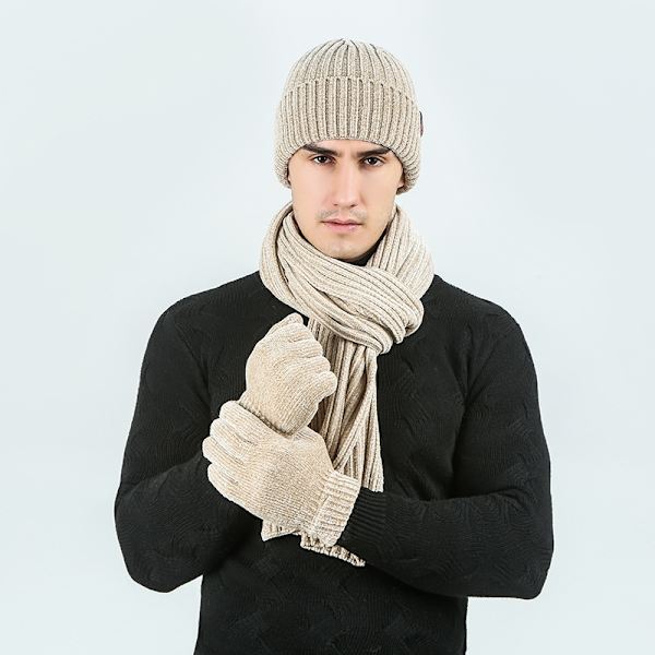 Varma scarfhatthandskar Tredelad set av solid ribbad stickad ullmössa filtscarf (beige)
