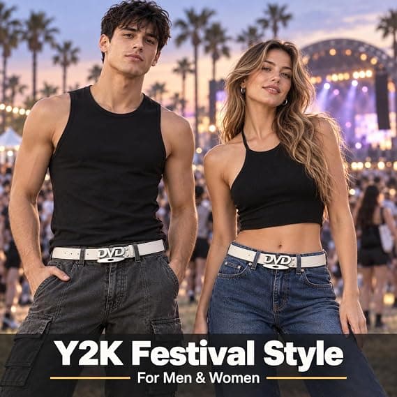 Y2K DVD-spänne bälte för män och kvinnor, konstläder för jeans vit white