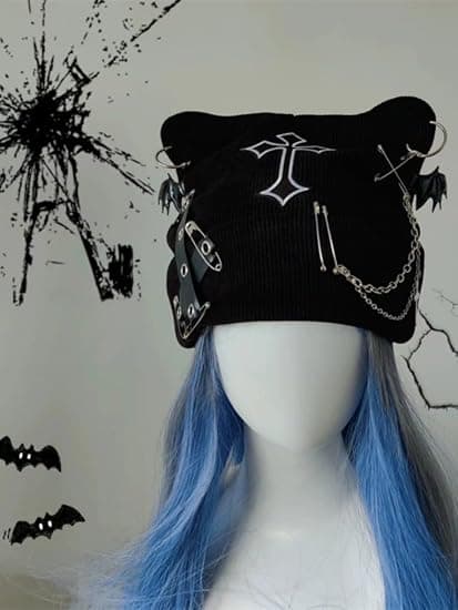 Goth Kattebeanie Heklet Lue Emo Tilbehør Gotisk Lue Dame Y2k Klær Goth Tilbehør