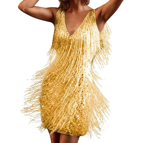 Dam Latin Dance Ärmlös glänsande paljetter Tofsar Scenframträdande Kostymklänningar Sexiga V-hals Fest Miniklänningar yellow L