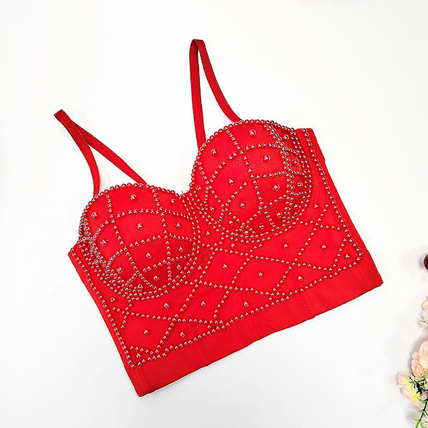 Utsökta pärlor Rhinestone Cropped Toppar Dam Bustier Vit Linne Rave Festival Club Party Topp Underkläder Camis red 38C