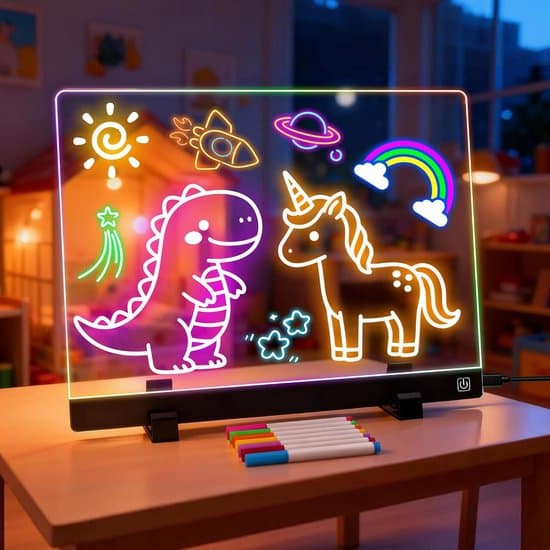 LED tegnebrett 35 × 25 cm, USB-drevet neonlysbrett med 7 statiske og 6 dynamiske lysmoduser, stativ inkludert