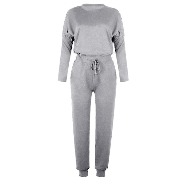 Kvinnor Casual Enkla kläder T-shirt Toppar + Dragsko Elastisk midja Jogging Träningsbyxor Byxor oungewear Set Light Gray L