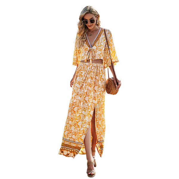 Kvinnors sommar V-ringad sexig topp Boho stil kjol i två set Deep Yellow M