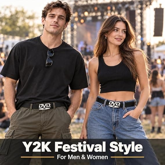 Y2K DVD-spänne bälte för män och kvinnor, konstläder för jeans svart black
