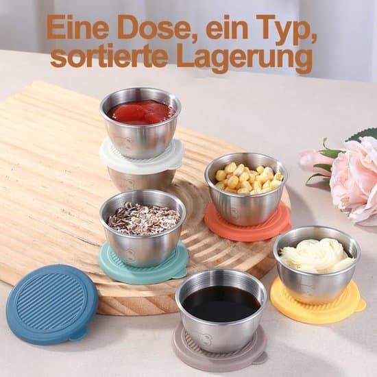 6-pack dippskålar i rostfritt stål, minicontainrar med lock – 80 ml salladsdressingbehållare för såser, dipp, snacks och kryddor (resevänliga)