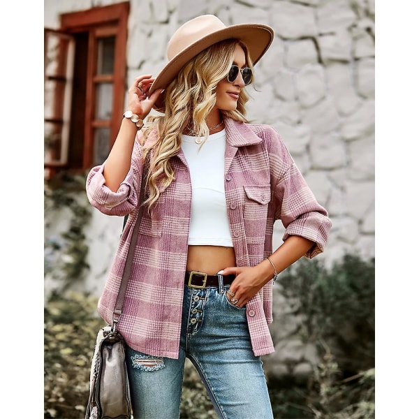 Rural rutig skjorta 2023 Höst- och vinterkofta Lång kappa Topp Dammode Lös Pink M