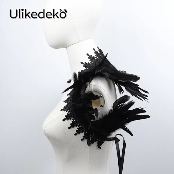 Sexig svart spetsfjädersjal för kvinnor cosplay halloween fjäder axelomslag fjäder falsk krage gotisk punk dam halsdukar Black