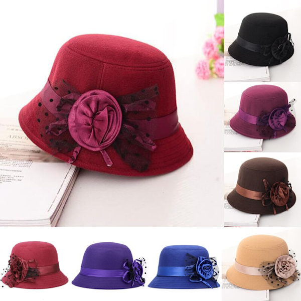 Filtmössa Fall Cloche Hink Blommös Cap Elegant Dam Jujube red