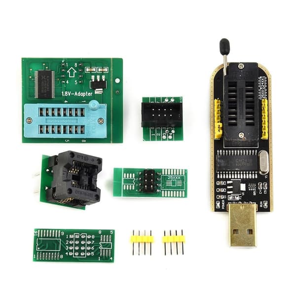 CH341A USB-programmerer for 24/25-serien EEPROM og BIOS Flash, inkluderer 1,8V-adapter, SOIC8 testklemme og SOP8 til DIP8-omformeruttak