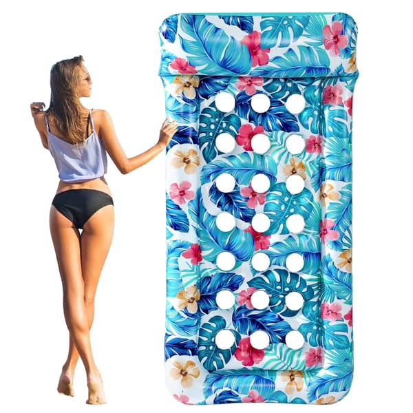 Pool Float - Oppustelig Luftmadras Pool - Blå Tropiske Blade Vand Float - PVC Lounger til Sommer - 170 x 85 cm