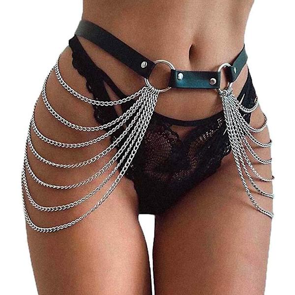 Midjekedja Bälte Svart Läder Body Chain Fashion Rave Body Smycken Tillbehör