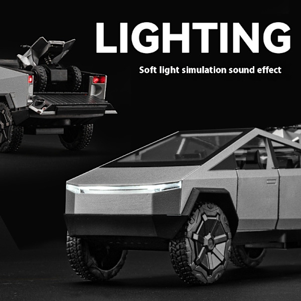 1/32 Tesla Cybertruck med Touring Car RV Caravan Diecast Leksaksmodell i Metall Miniatyrmodell Drag tillbaka Ljud Ljus Samling Present Pojke Silver
