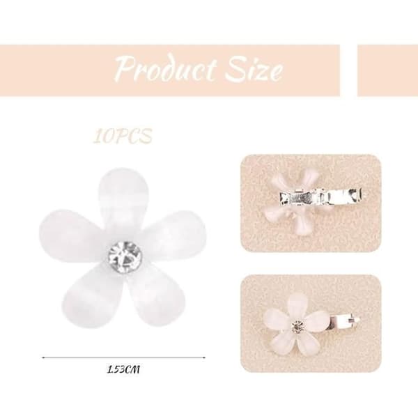 10 stk. Mini Hårklemmer med Hvide Blomster og Rhinestones - Dekorative Hårklemmer til Bryllupper