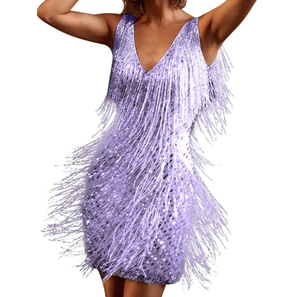 Dam Latin Dance Ärmlös glänsande paljetter Tofsar Scenframträdande Kostymklänningar Sexiga V-hals Fest Miniklänningar purple M