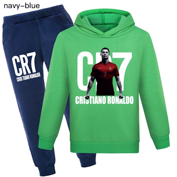 CR7 Ronaldo Pojkars Träningsoverall Fotboll Hoodie Sweatshirt Topp + Byxor Outfit Green02 160cm