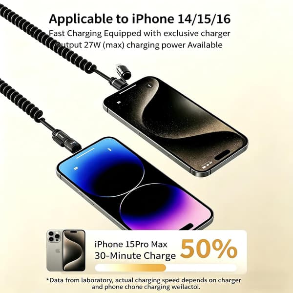 4-i-1 spiralformad USB-C-laddningskabel snabbladdningskabel för iPhone Android 65W + PD 27W infällbar fjäderdatakabel stöder CarPlay & CarLife