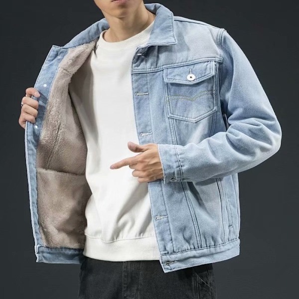Vinterns plysch tjocka denimjacka för herrmode, mångsidig herrkläder, lös oversized varm arbetsjacka, trendig wathet XL