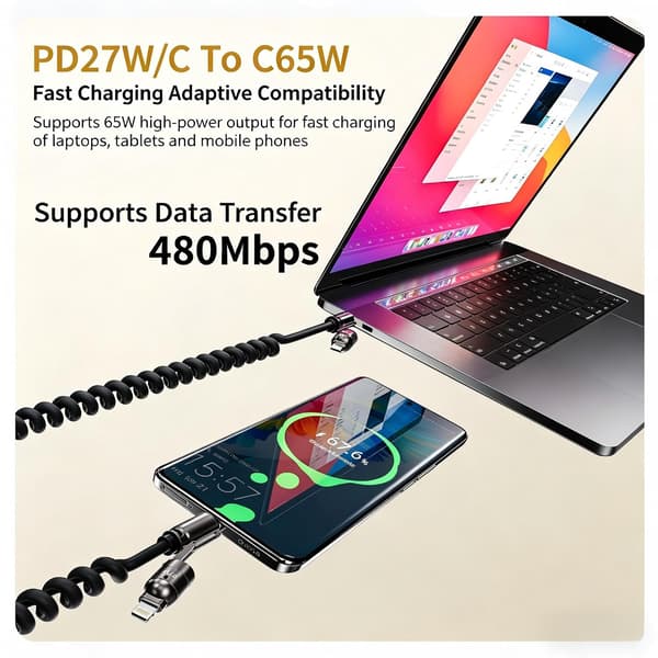 4-i-1 spiralformad USB-C-laddningskabel snabbladdningskabel för iPhone Android 65W + PD 27W infällbar fjäderdatakabel stöder CarPlay & CarLife