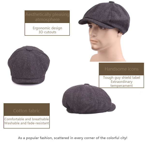 Bomull Polyester Män Flat Cap Snygg Enfärgad Pojkar Gentleman Dark Grey