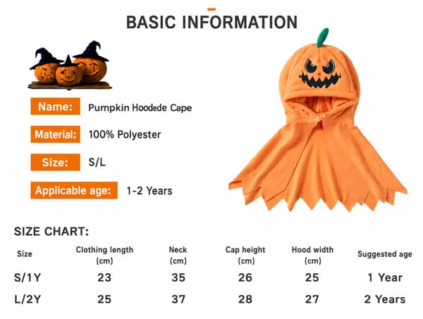 Halloween Gresskar Hettekappe Kostyme for Barn, Søt Gresskar Kappe med Hette, Skummelt Kostyme for Halloweenfester L L