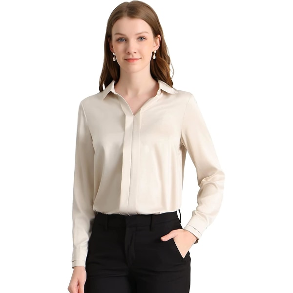 Allegra K Kvinnor S Office Elegant V-ringad blus Långärmad arbetsskjorta Apricot Small