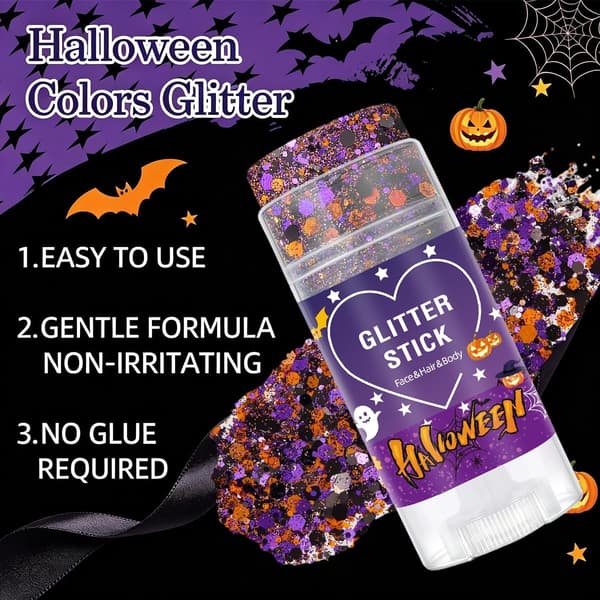 Halloween Kropp Ansikt Hår Glitterstift - Lilla og Svart Chunky