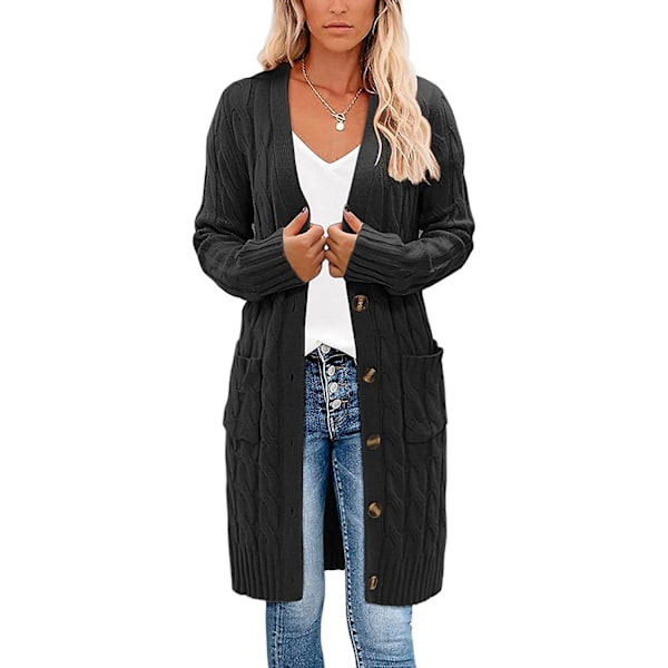 Lång cardigan, kabelstickad tröja för dam Långärmad tröja med öppen knapp framtill Ytterkläder med fickor för höst och vinter Black M
