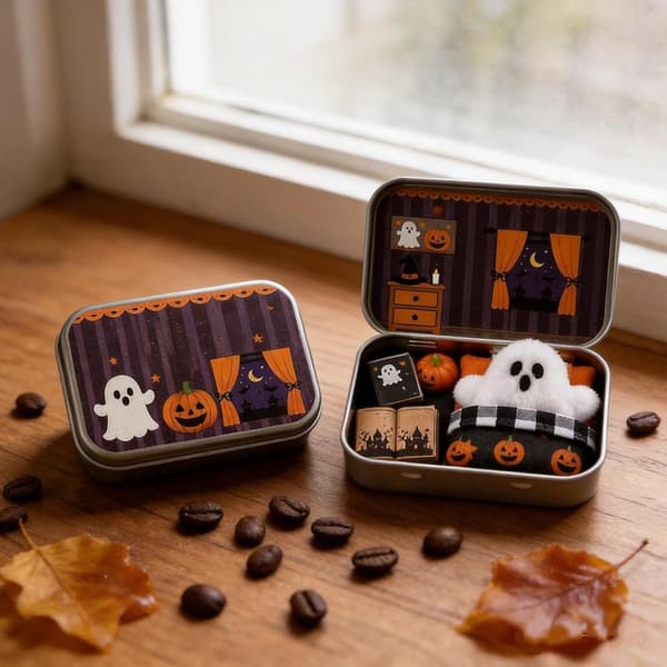Halloween Mini Ghost Tasku Tin Box Set, Adopt A Ghost Pehmonukke