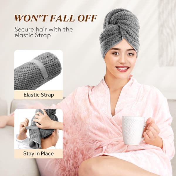 Stor mikrofiber hårhåndklæde-wrap til kvinder, 26\"×40\" superabsorberende hurtigtørrende hårturban med elastikbånd til langt, krøllet og tykt hår, grå