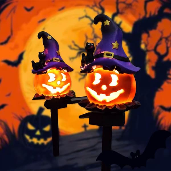 Solar Wizard Græskarhavelys, Halloween udendørs atmosfære-dekorationslampe, sød sort hat græskar gårdhave varmt lys.
