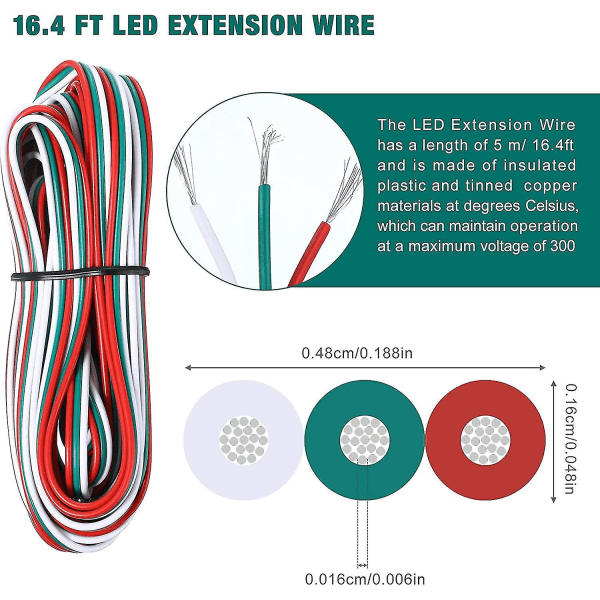 3-stifts Led Strip-kontakter 10 mm för Ws2811 Ws2812b Sk6812 Lödfri Led Strip, med 5 meter lång sladd (10 st)