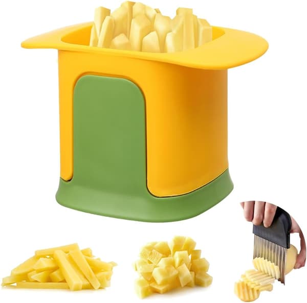 Pommes frites-kutter, rask potetkutter med bølget kutter, hakker med blad i rustfritt stål for poteter
