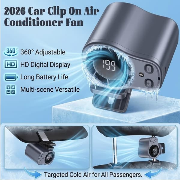 2026 Bil Clip-on Aircondition Ventilator med LED Display, 360° Rotation, 199 Hastigheder, USB Genopladelig, til Biler, Arbejde, Camping (Mørkegrå) Gray