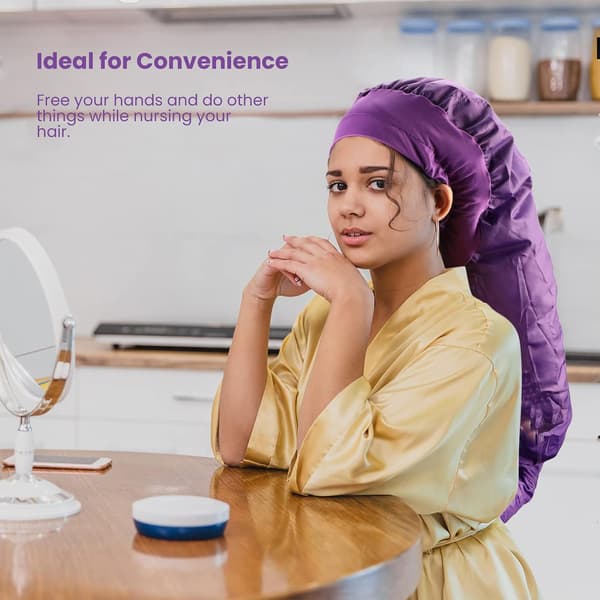 Hettehette for hårføner, XL dypkondisjonerende varmekappe, justerbar elastisk stropp, lilla, for krøllete hår, oljebehandlinger og styling