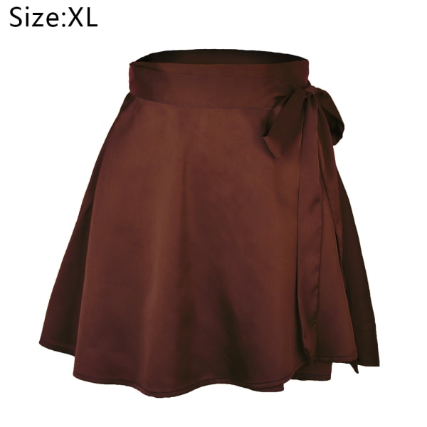 Hög midja satin flytande mjuk silkeslen skater mini kjol Chocolate,XL
