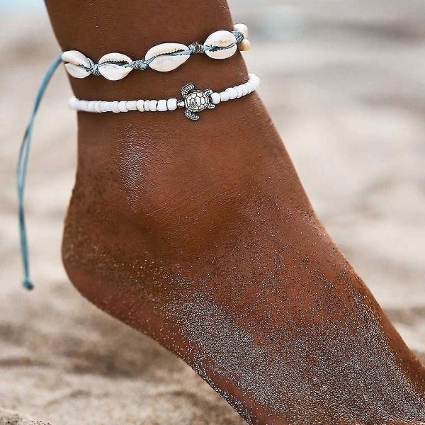 Boho Shell/sjöstjärna/sköldpadda/ankelband Weave Ankel Armband Beaded Beach Summer Foot Smycken Justerbara för kvinnor och flickor (vit) Vit - White -