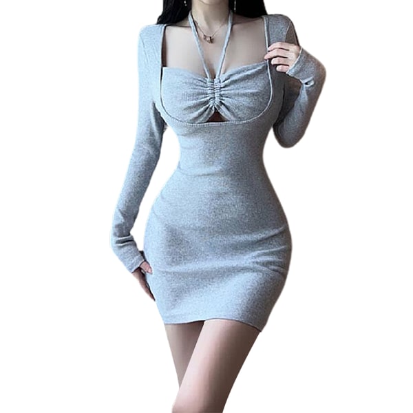 Sexig, långärmad tubklänning för kvinnor med dragsko grey L