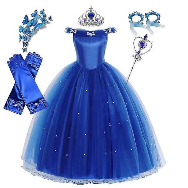 Barnklänning Cosplay Cinderella Blå prinsessklänning till Halloweenfest 120CM