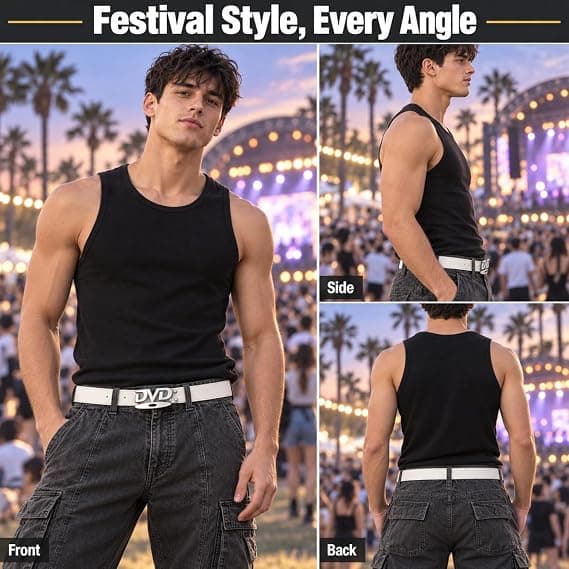 Y2K DVD-spänne bälte för män och kvinnor, konstläder för jeans vit white